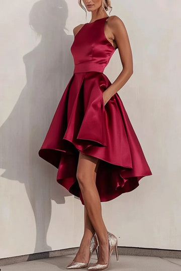 Burgundy A-Line High-Low Ruched Satin Midi Dress